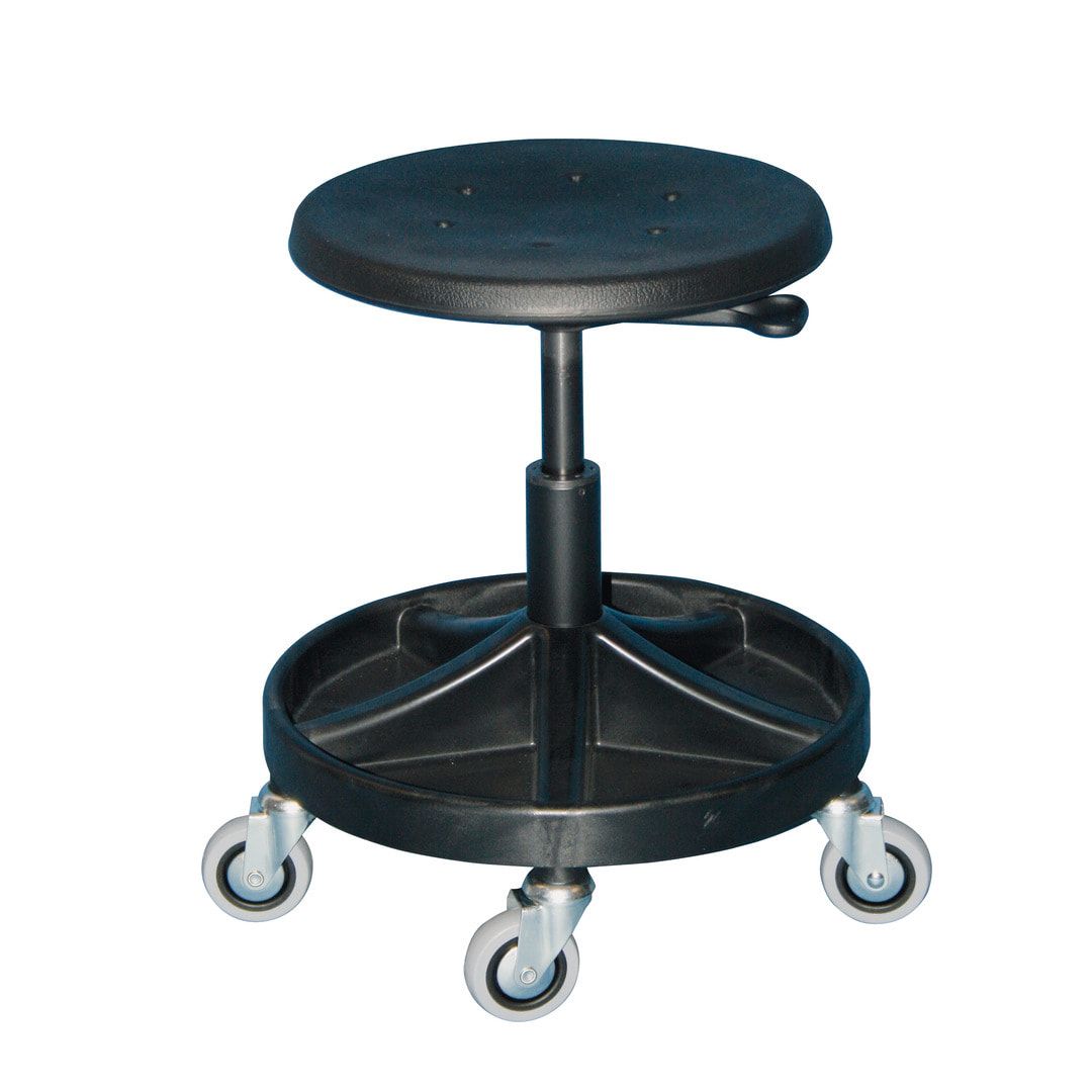 Arbeitshocker mit Ablage-System - Sitzhöhe 400 - 530 mm - PU schwarz - Kunststoff Fußkreuz mit Rollen - Hebelauslösung