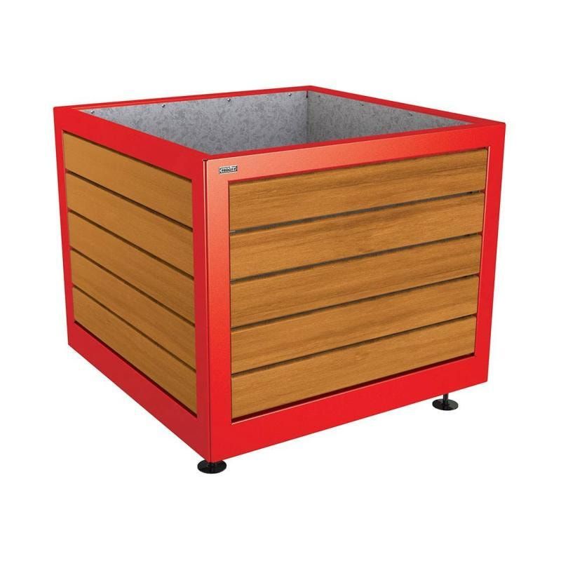 Pflanzbehälter, Stahl und Holz, verstellbare Füße, Innenverkleidung feuerverzinkt, 800 x 1.000 x 1.000 mm (HxBxT), Farbe enzianblau