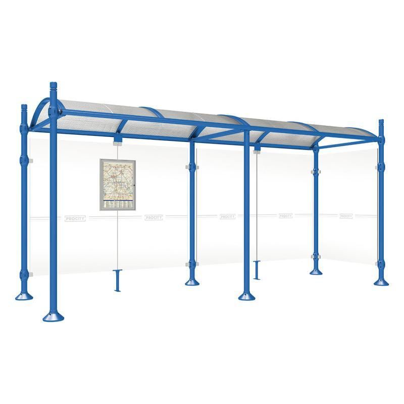 Buswartehalle, Unterstand, 2 Seitenwände, Kopf gebürsteter Edelstahl, ESG, Fahrplanschaukasten, 2.500 x 2.500 x 1.600 mm (HxBxT), Farbe enzianblau