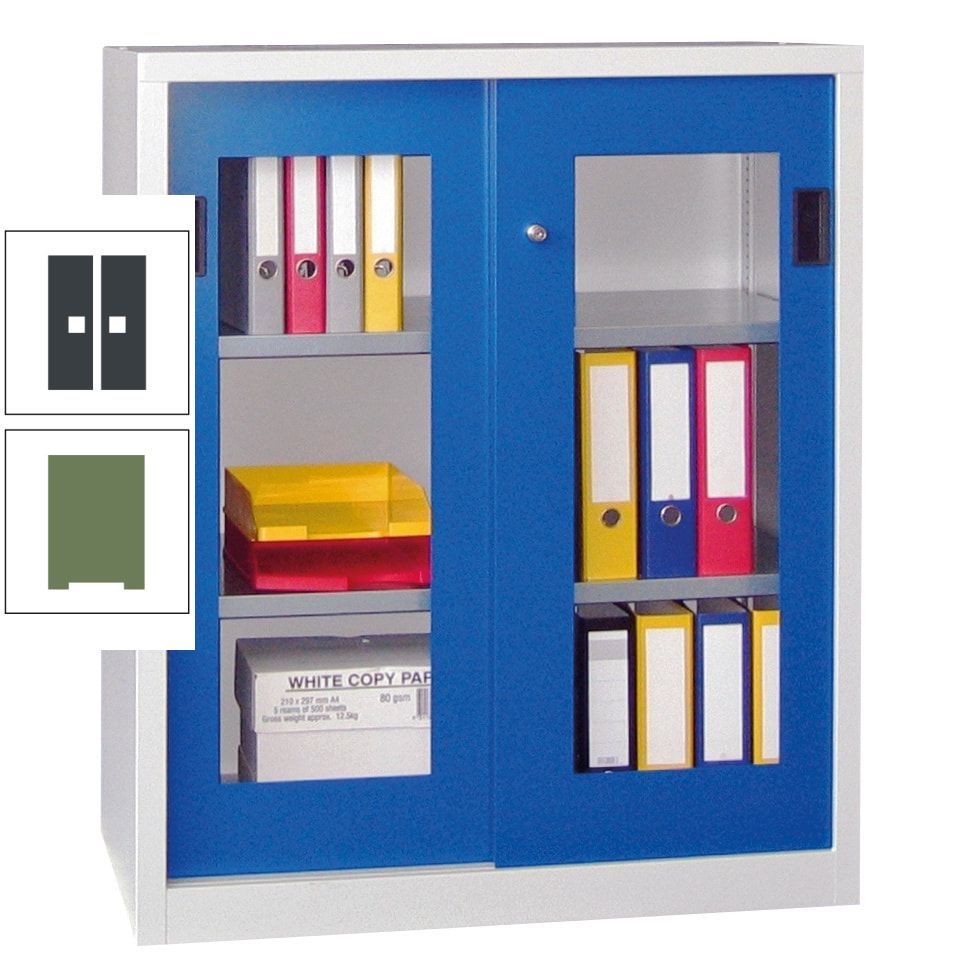 Schiebetürenschrank - Sichtfenstertüren - 1.000x1.000x400 mm (HxBxT) - 2 Böden, gepulvert - Zylinderschloss - anthrazitgrau