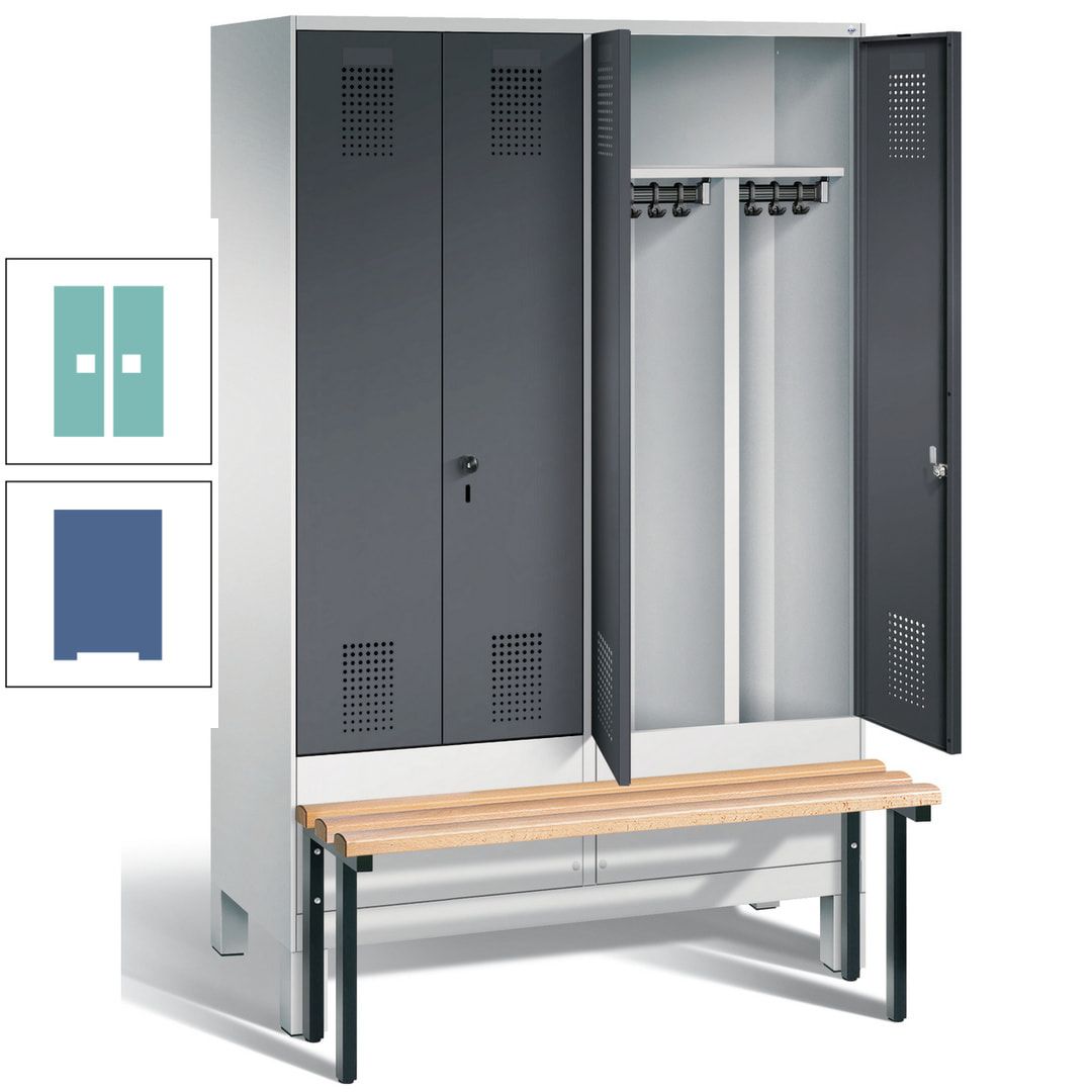 Doppel-Spind, Garderobenschrank, Buche Sitzbank vorgebaut, 4 Abteile a 300 mm, Korpus feuerrot, Tür Wasserblau, 1.850 x 1.200 x 815 mm (HxBxT)