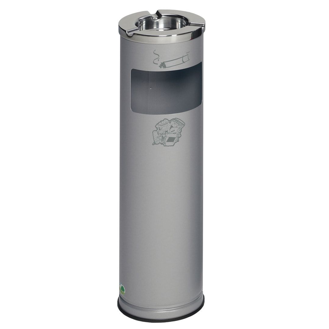 Abfallbehälter mit Aschenbecher, Abfallsammler mit Ascher, 660 mm Höhe, 200 mm Durchmesser, Mülleimer 12 l Volumen, Antik-silber