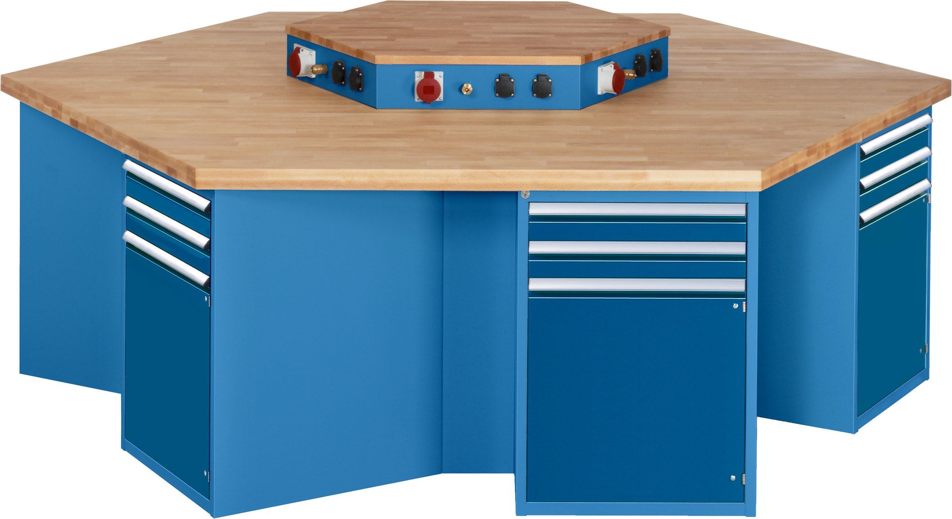 Gruppenwerkbank, Buche, Höhe 840 mm, mit Energieaufsatz, Unterbau-Container, 2 Schubladen, 1 Tür, 1 Boden - Anthrazitgrau