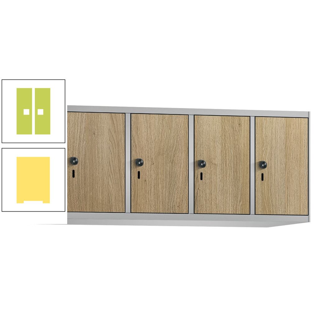 Aufsatzschrank, Schrankaufsatz, 4 Fächer a 300 mm, Farbe Pastellgelb, Tür anthrazitgrau, 500 x 1.200 x 500 mm (HxBxT)