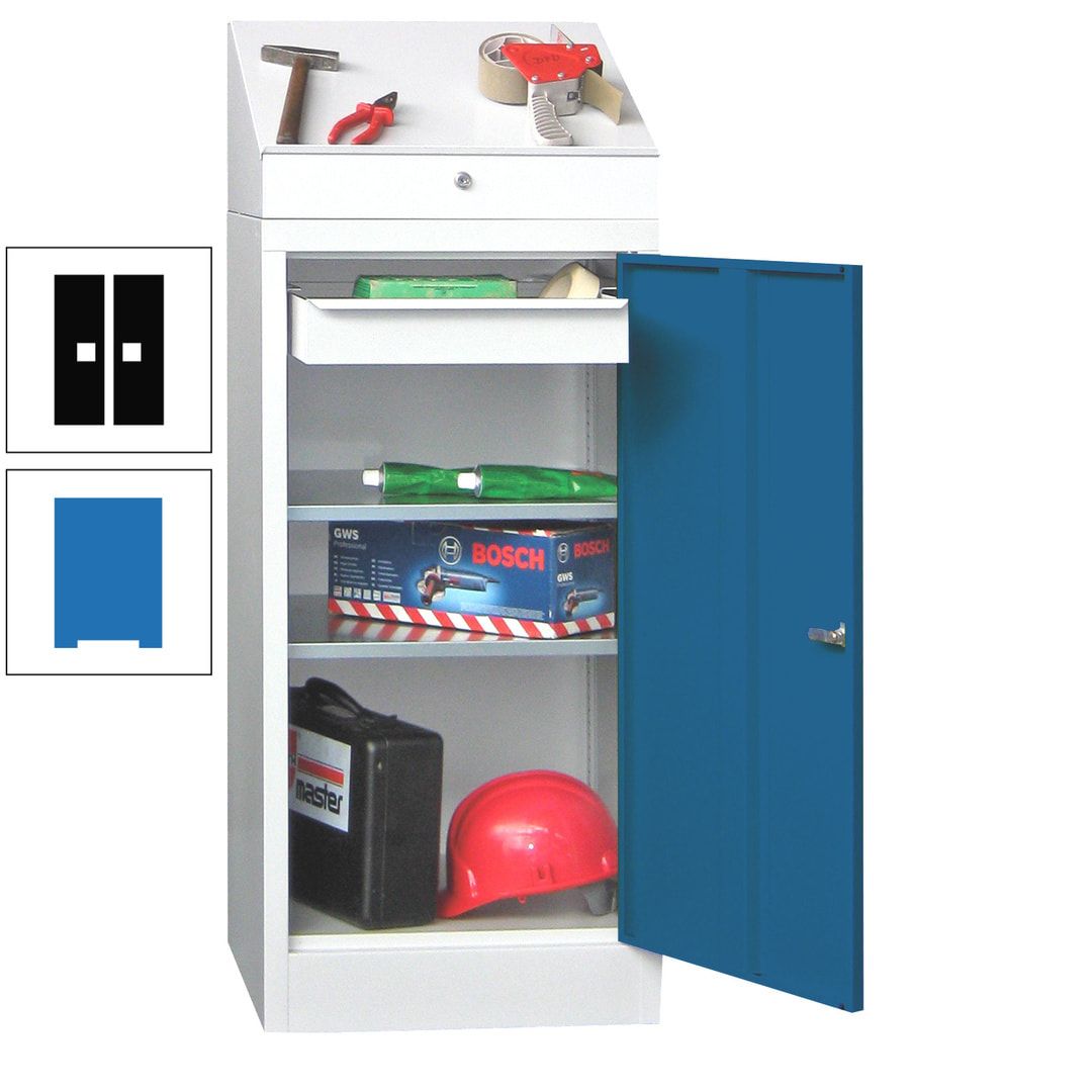 Stehpult mit Schrank - Vollblechtür - 1 Einlegeboden, 1 Ausziehboden, 1 Schublade - 1.270x500x500 mm (HxBxT) - anthrazitgrau