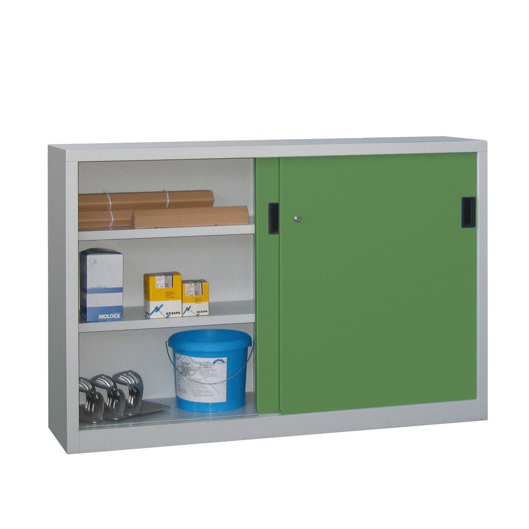 Schiebetürenschrank - Sichtfenstertüren - 1.000x1.500x600 mm (HxBxT) - 4 Böden, verzinkt - Zylinderschloss - anthrazitgrau