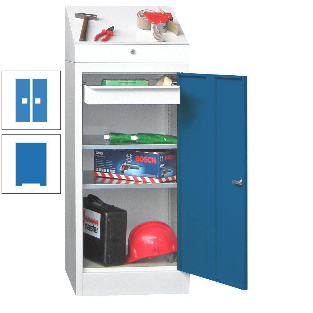 Stehpult mit Schrank - Vollblechtür - 1 Einlegeboden, 1 Ausziehboden, 1 Schublade - 1.270x500x500 mm (HxBxT) - anthrazitgrau