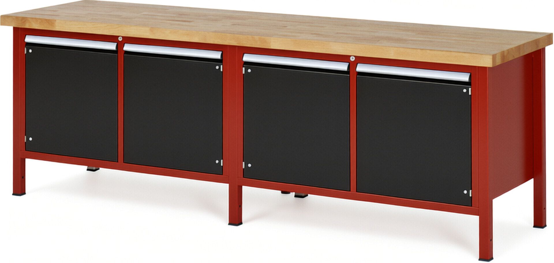 Werkbank mit 4 Schränken - höhenverstellbar 840-1.040 mm - 2.500 x 700 mm (BxT) - Traglast 1.250 kg - Buche - Anthrazitgrau