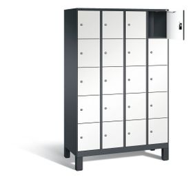 Garderobenschrank, Spindschrank auf Füßen, 4 Abteile, 20 Fächer, 1.850 x 1.200 x 500 mm (HxBxT), Holzdekor, Korpus lichtgrau