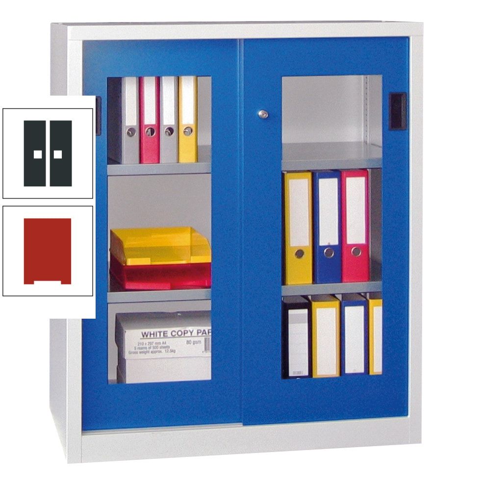 Schiebetürenschrank - Sichtfenstertüren - 1.000x1.000x400 mm (HxBxT) - 2 Böden, gepulvert - Zylinderschloss - anthrazitgrau