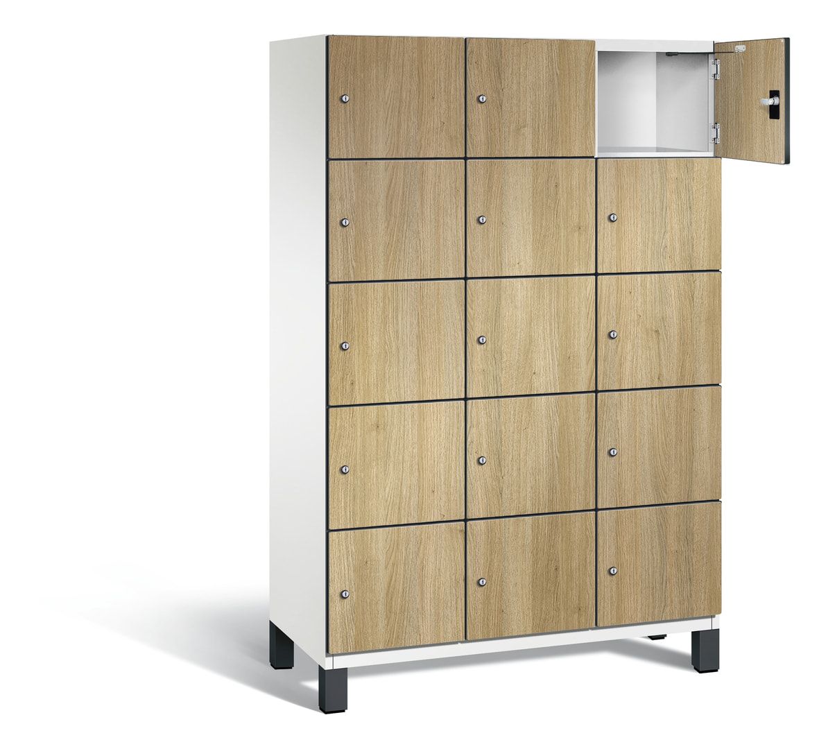Fächerschrank, Stahlschrank, 15 Fächer, Türöffnungsbegrenzer, Füße, 1.980 x 1.200 x 525 mm, Korpus anthrazitgrau, Dekorfront HPL Donau-Ahorn