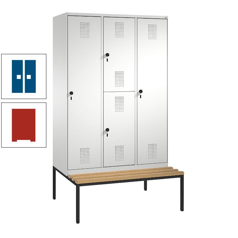Garderobenschrank, Spind ein- und doppelstöckig Sitzbank, 3 Abteile, 4 Fächer, 2.090x1.200x500 mm (HxBxT), Front anthrazitgrau, Korpus anthrazitgrau