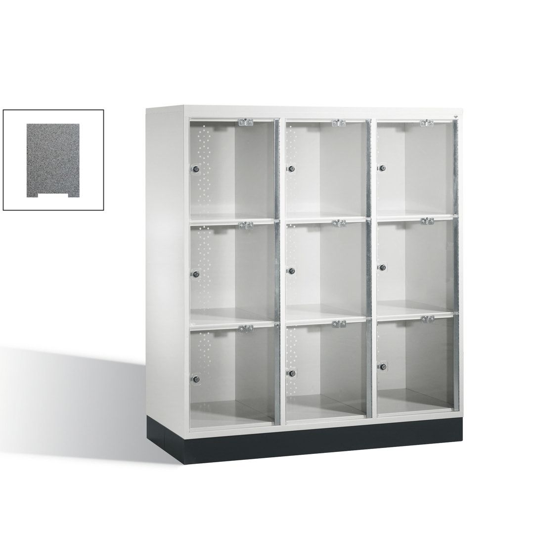 Schließfachschrank, Fächerschrank mit Türen aus Acrylglas, 3 Abteile, 9 Fächer, Zylinderschloss, 1.370 x 1.220 x 500 mm (HxBxT), Korpus anthrazitgrau