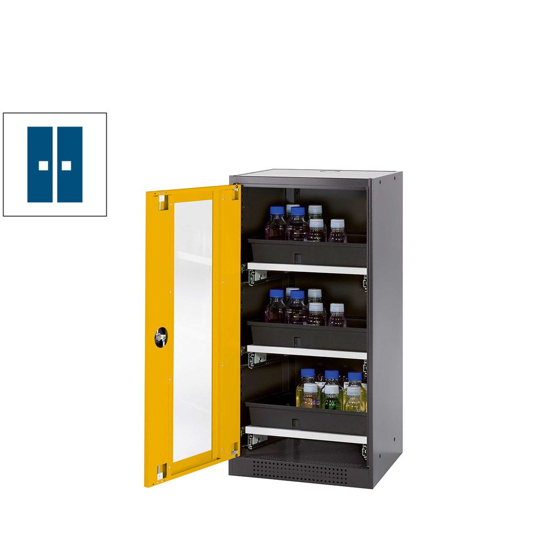 Chemikalienschrank - Flügeltür - Türanschlag links - 2 Tablarauszüge - 1.105 x 545 x 520 mm (HxBxT) - anthrazitgrau/enzianblau