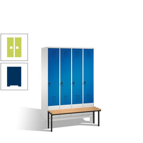Stahl-Garderobenschrank, Spind, Buche Sitzbank vorgebaut, 4 Abteile a 300 mm, Korpus Lichtgrün, Tür Schwefelgelb, 1.850 x 1.200 x 815 mm (HxBxT)