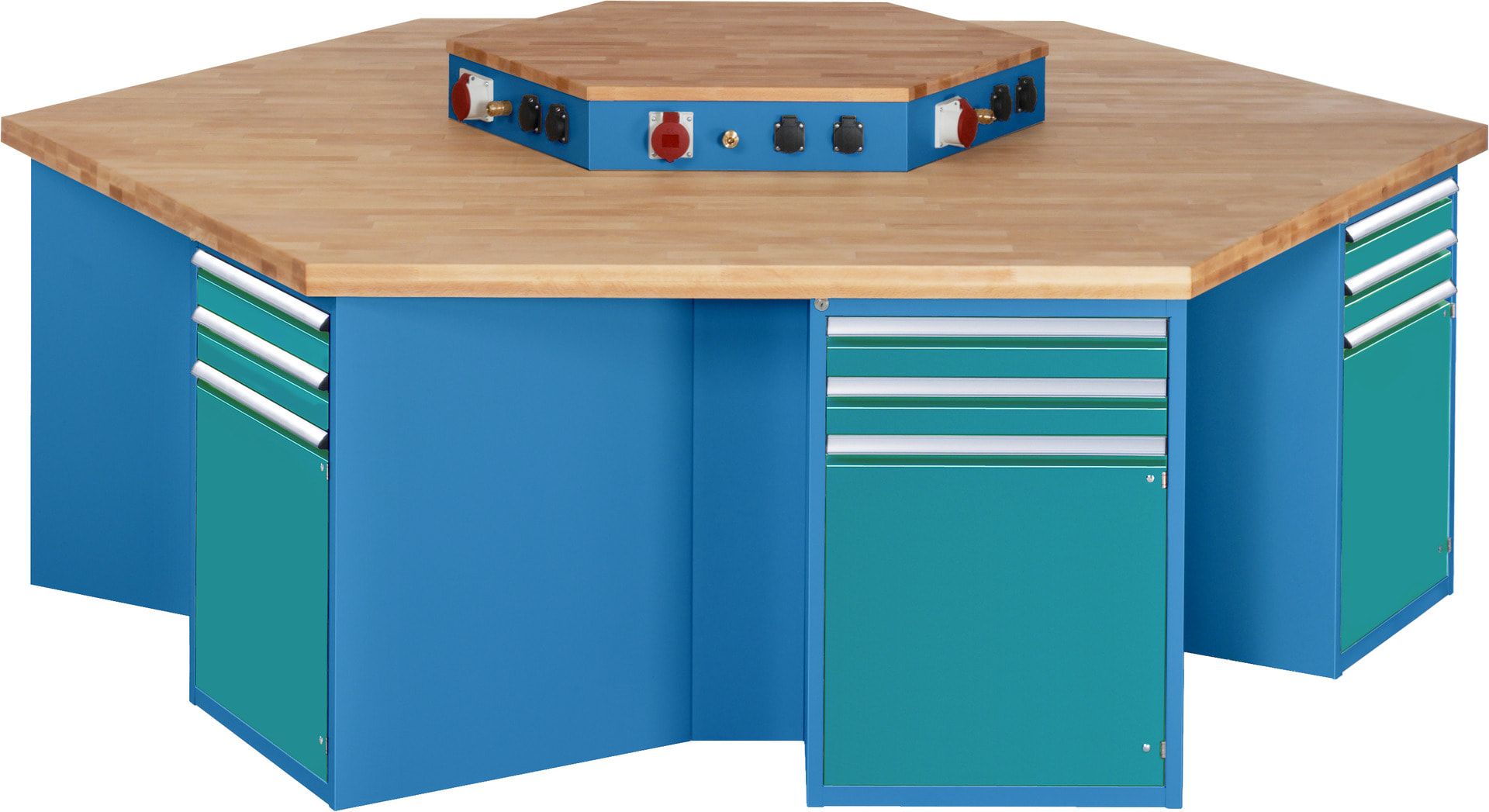 Gruppenwerkbank, Buche, Höhe 840 mm, mit Energieaufsatz, Unterbau-Container, 2 Schubladen, 1 Tür, 1 Boden - Anthrazitgrau