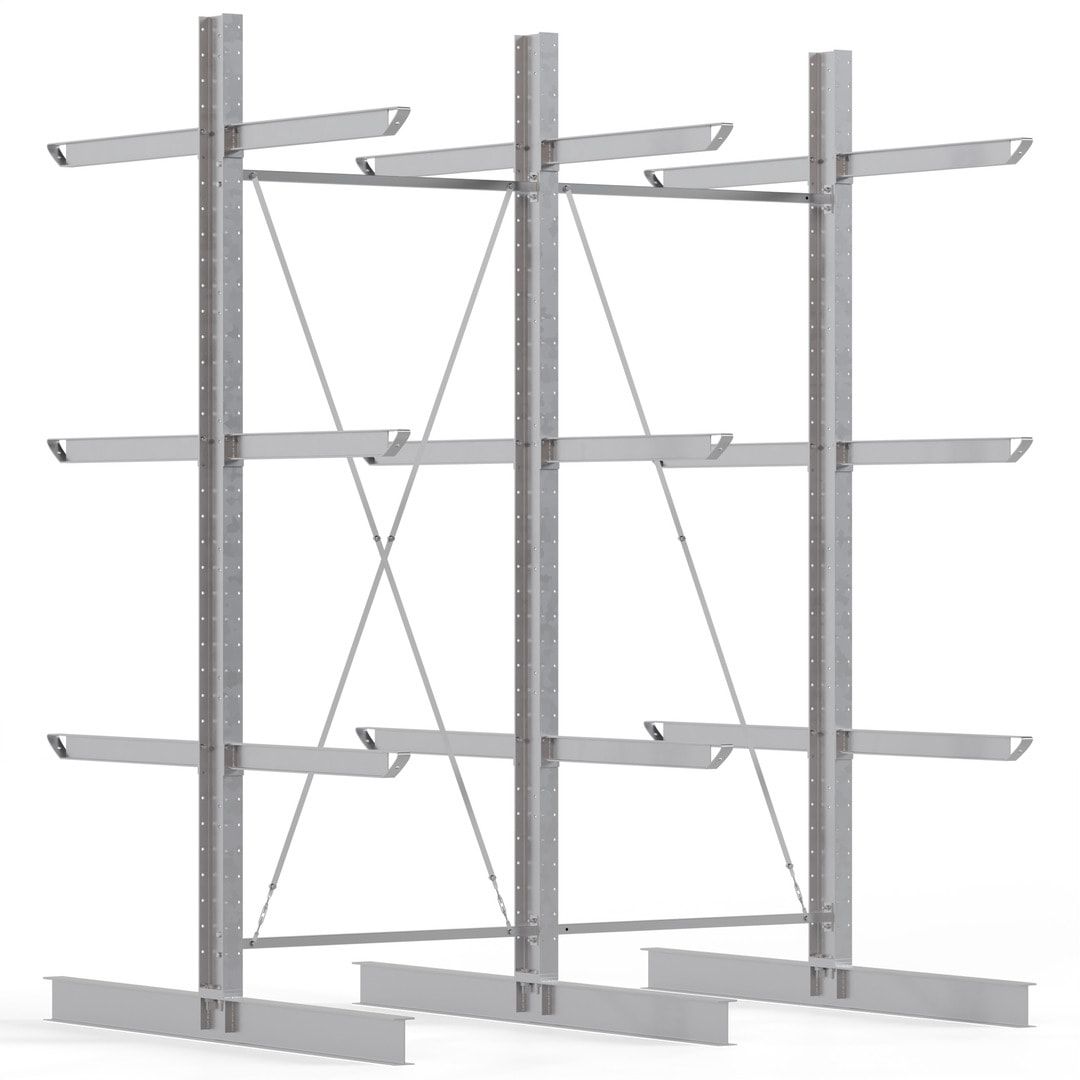 Doppelseitiges Kragarmregal feuerverzinkt, Schwerlastregal für außen - 2 Felder - 4.000 x 3.000 x 2.580 mm (HxBxT) - 800 kg - KARL heavy