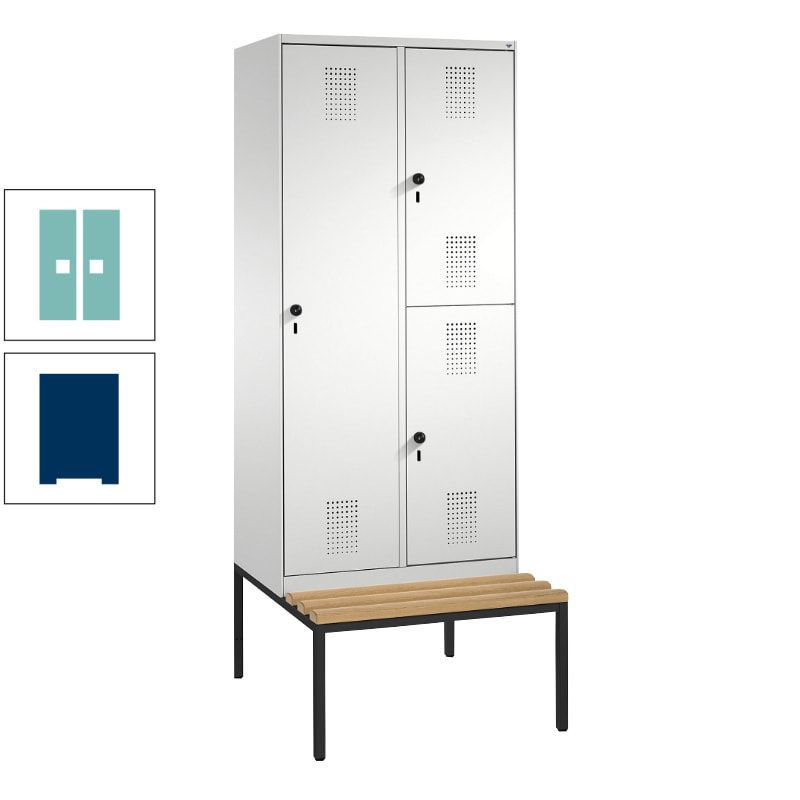 Garderobenschrank, Spind ein- und doppelstöckig Sitzbank, 2 Abteile, 3 Fächer, 2.090 x 800 x 500 mm (HxBxT), Front anthrazitgrau, Korpus anthrazitgrau