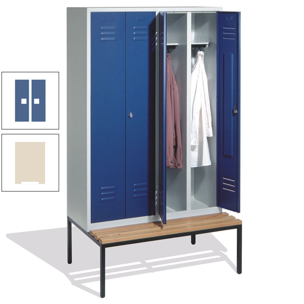 Doppel-Spindschrank, Buche Sitzbank untergebaut, 4 Abteile a 300 mm, Korpus lichtgrau, Tür anthrazitgrau, 2.090 x 1.190 x 815 mm (HxBxT)
