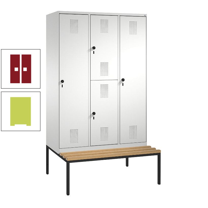 Garderobenschrank, Spind ein- und doppelstöckig Sitzbank, 3 Abteile, 4 Fächer, 2.090x1.200x500 mm (HxBxT), Front anthrazitgrau, Korpus anthrazitgrau