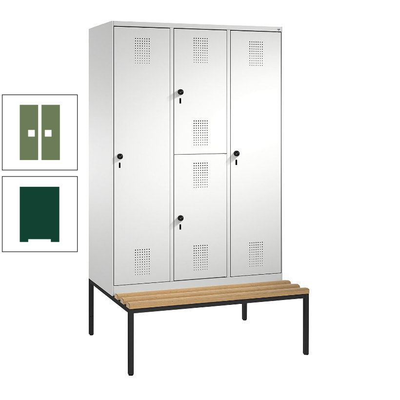 Garderobenschrank, Spind ein- und doppelstöckig Sitzbank, 3 Abteile, 4 Fächer, 2.090x1.200x500 mm (HxBxT), Front anthrazitgrau, Korpus anthrazitgrau