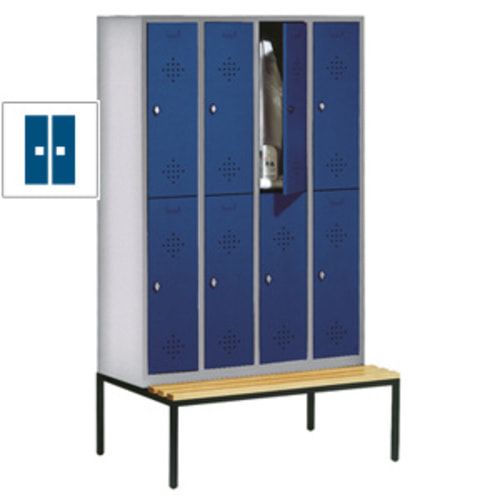 Garderobenschrank, Spind, 4 Abteile 8 Fächer, 2.090 x 1.190 x 815 mm (HxBxT), Hartholz Sitzbank untergebaut, Korpus lichtgrau, Türen anthrazitgrau