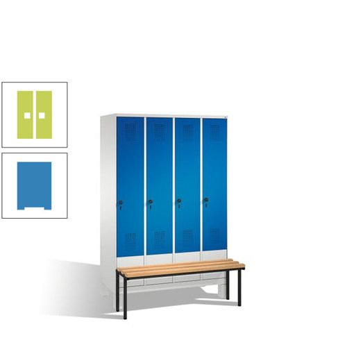Stahl-Garderobenschrank, Spind, Buche Sitzbank vorgebaut, 4 Abteile a 300 mm, Korpus Lichtgrün, Tür Schwefelgelb, 1.850 x 1.200 x 815 mm (HxBxT)