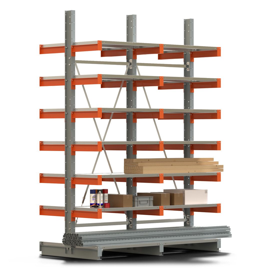 Doppelseitiges Kragarmregal mit Fachböden, 2 Felder, 3.000 x 2.000 (HxB), Nutztiefe 1.000 mm, Kragarmlast 450 kg, KARL basic, silbergrau/reinorange