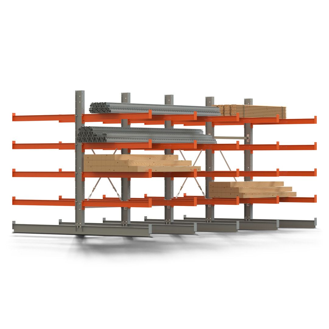 Doppelseitiges Kragarmregal, 2 Felder, 2.000 x 2.000 x 1.120 mm (HxBxT), Nutztiefe 500 mm, Kragarmlast 870 kg, KARL basic, silbergrau/reinorange