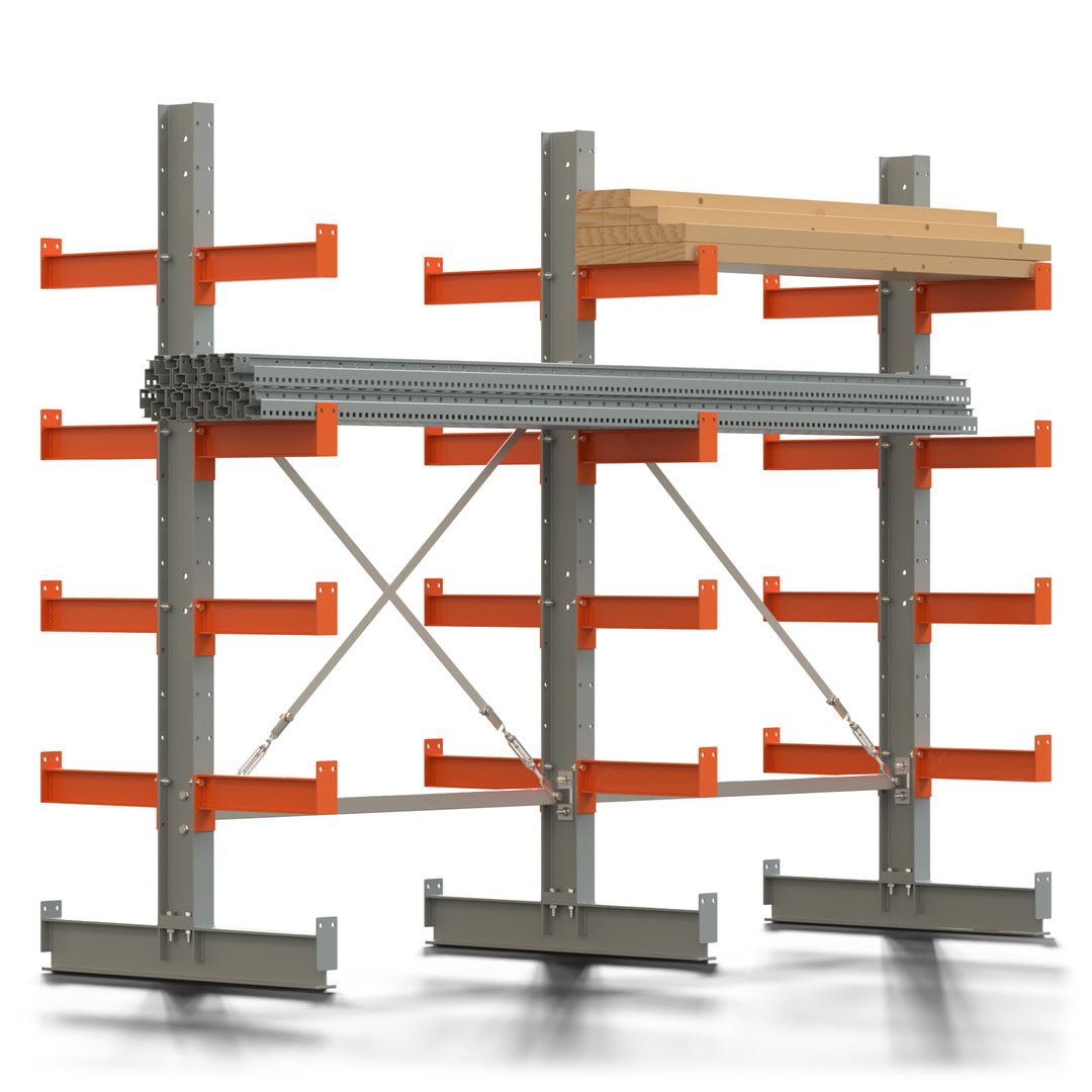 Doppelseitiges Kragarmregal, 2 Felder, 2.000 x 2.560 x 1.120 mm (HxBxT), Nutztiefe 500 mm, Kragarmlast 870 kg, KARL basic, silbergrau/reinorange