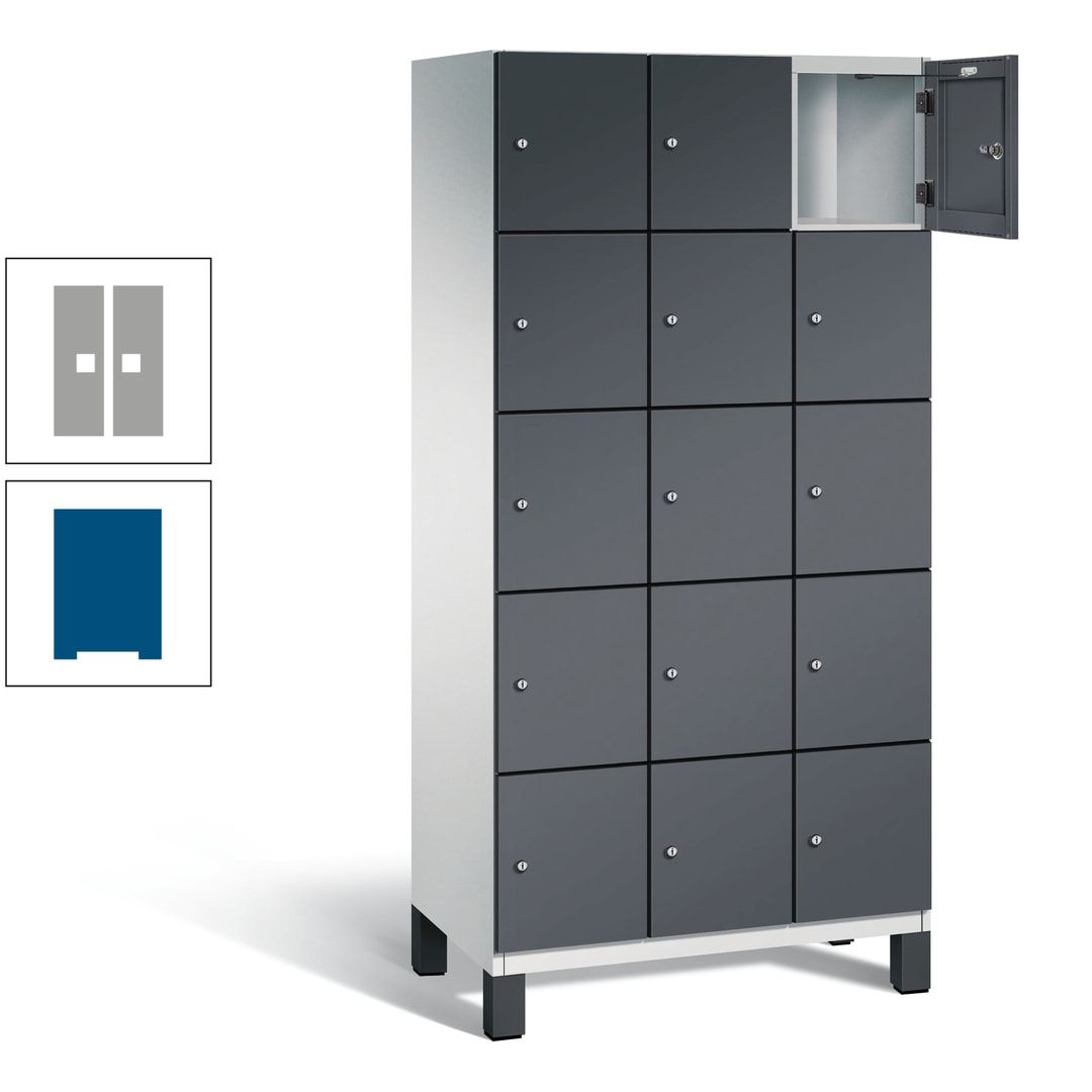 Fächerschrank, Stahlschrank, 15 Fächer, Türöffnungsbegrenzer, Füße, 1.980 x 900 x 525 mm (HxBxT), Korpus anthrazitgrau, Front anthrazitgrau