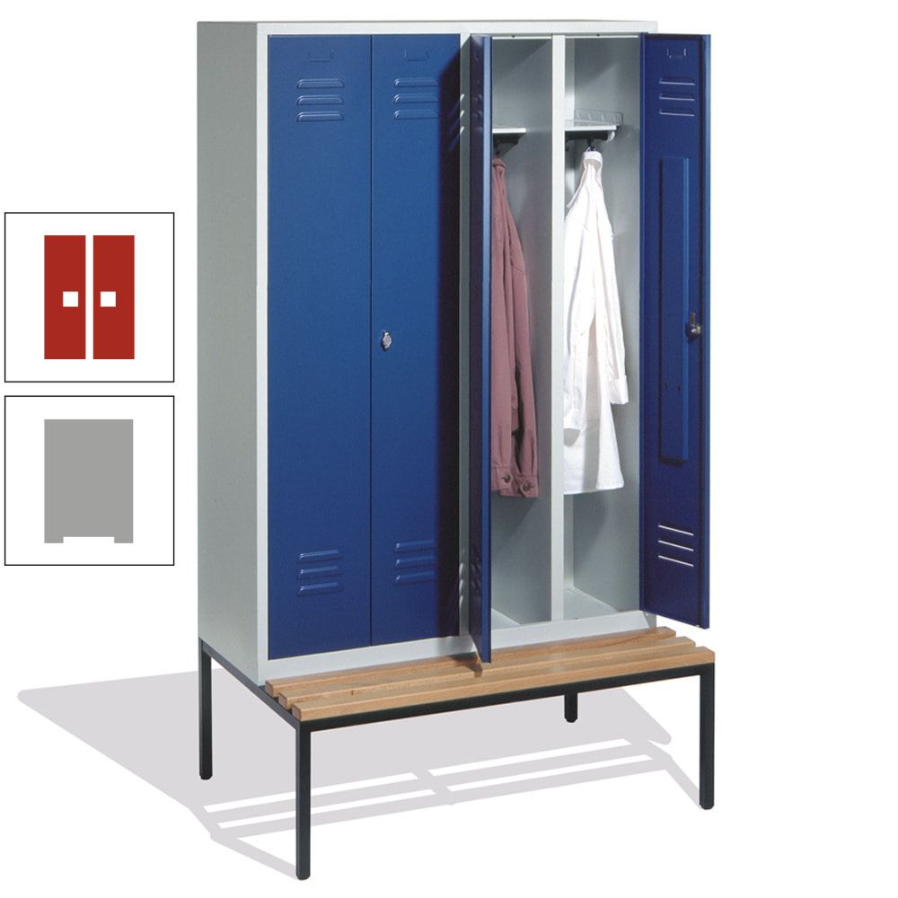 Doppel-Spindschrank, Buche Sitzbank untergebaut, 4 Abteile a 300 mm, Korpus lichtgrau, Tür anthrazitgrau, 2.090 x 1.190 x 815 mm (HxBxT)