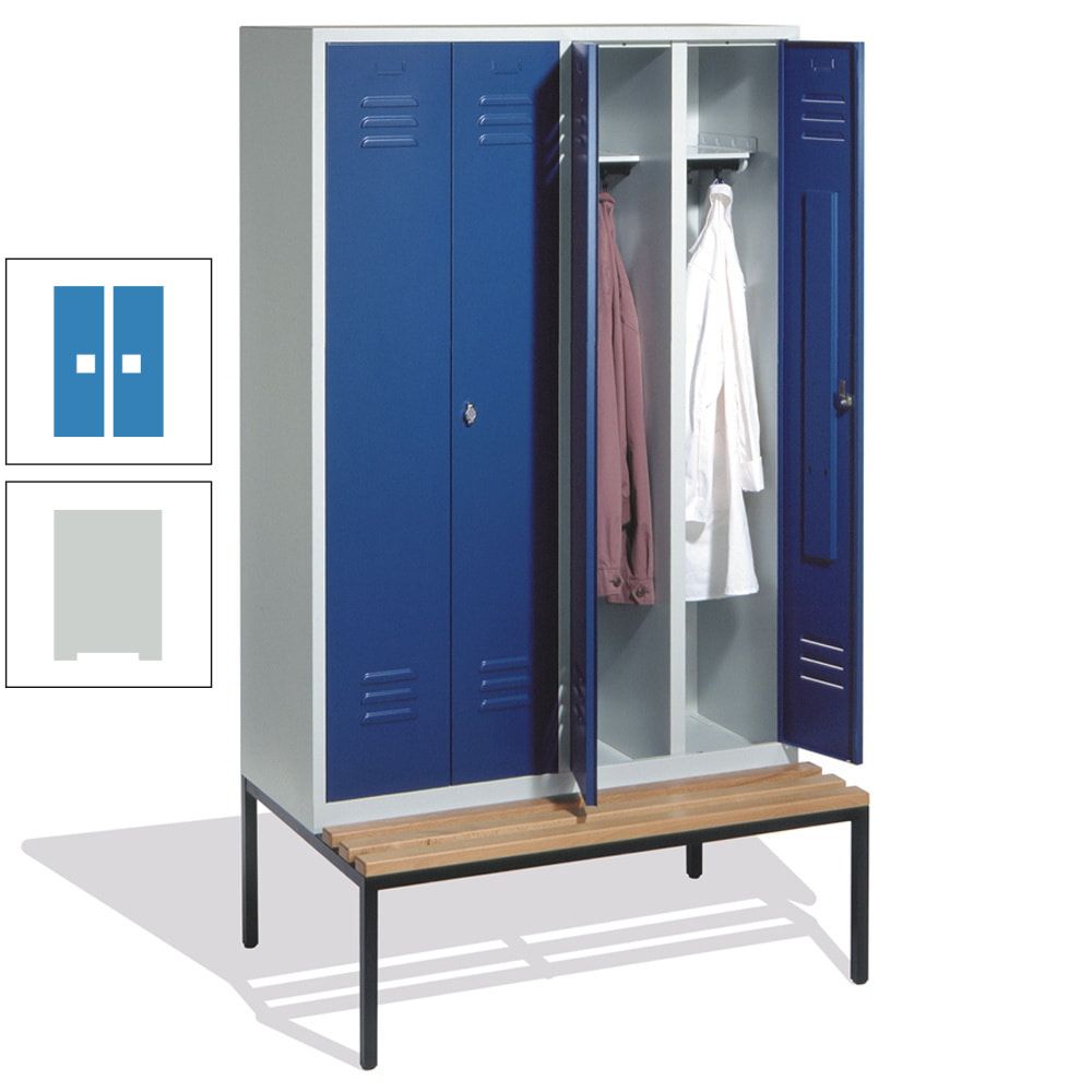 Doppel-Spindschrank, Buche Sitzbank untergebaut, 4 Abteile a 300 mm, Korpus lichtgrau, Tür anthrazitgrau, 2.090 x 1.190 x 815 mm (HxBxT)