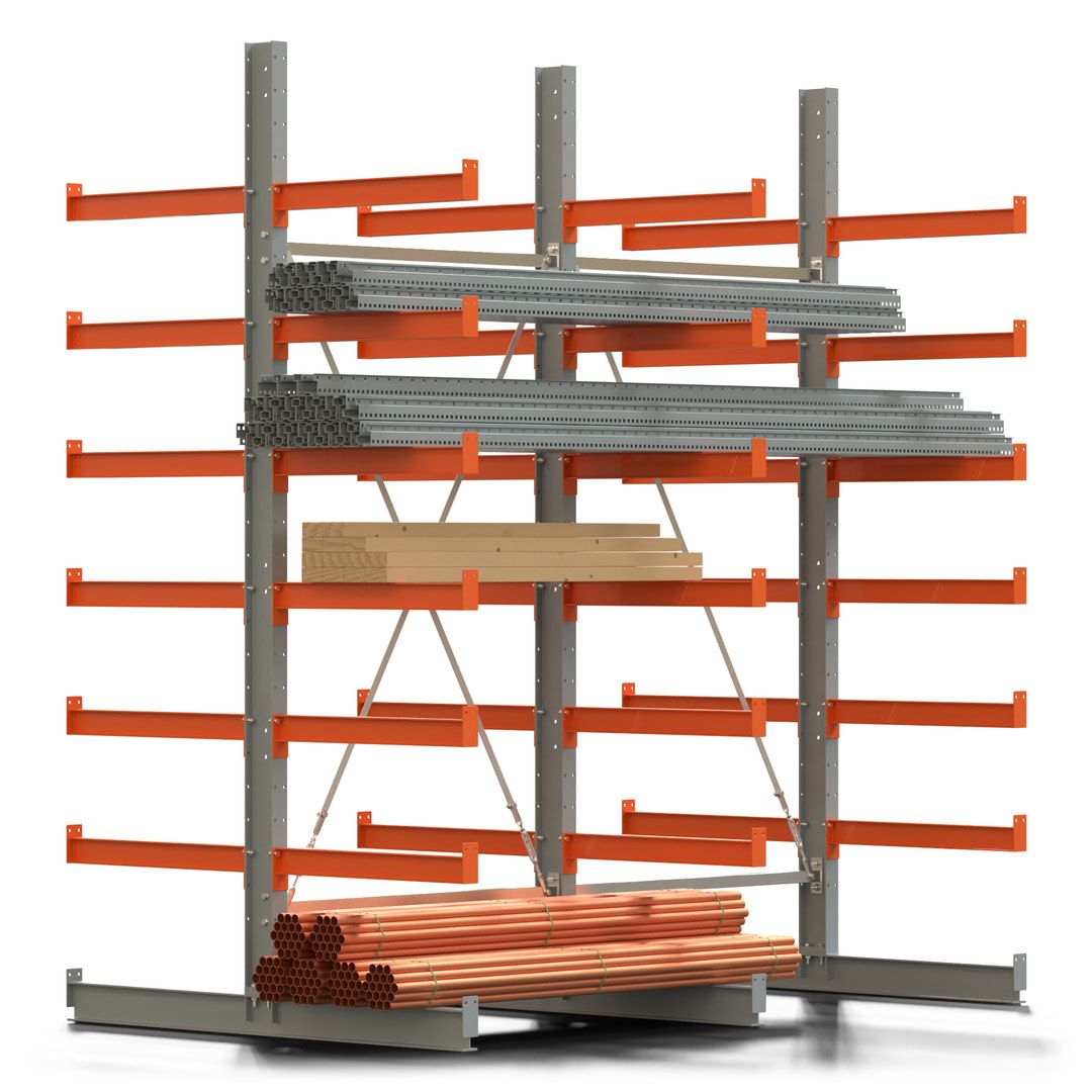 Doppelseitiges Kragarmregal, 2 Felder, 3.000 x 2.560 x 1.120 mm (HxBxT), Nutztiefe 500 mm, Kragarmlast 870 kg, KARL basic, silbergrau/reinorange