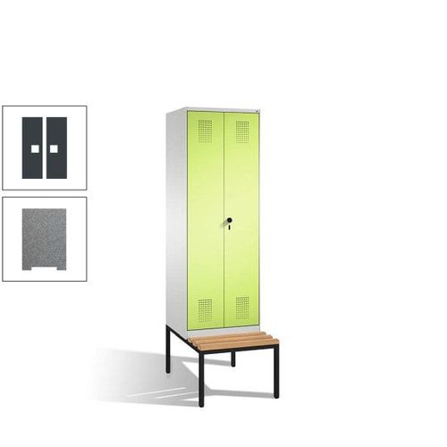 Doppel-Spind, Garderobenschrank, Buche Sitzbank untergebaut, 2 Abteile a 300 mm, Korpus anthrazitgrau, Tür anthrazitgrau, 2.090 x 600 x 815 mm (HxBxT)