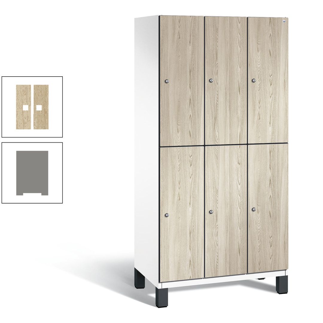 Fächerschrank, Garderobenschrank, mit Füßen, 3 Abteile, 1.980 x 900 x 525 mm (HxBxT), Korpus anthrazitgrau, Tür Donau-Ahorn