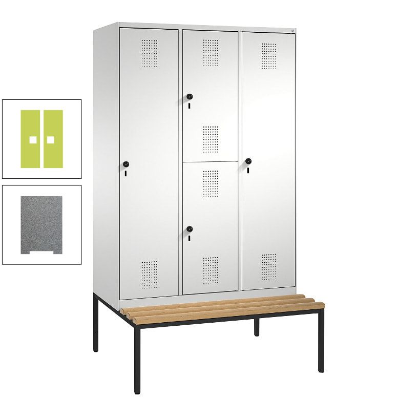 Garderobenschrank, Spind ein- und doppelstöckig Sitzbank, 3 Abteile, 4 Fächer, 2.090x1.200x500 mm (HxBxT), Front anthrazitgrau, Korpus anthrazitgrau