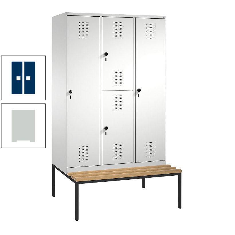 Garderobenschrank, Spind ein- und doppelstöckig Sitzbank, 3 Abteile, 4 Fächer, 2.090x1.200x500 mm (HxBxT), Front anthrazitgrau, Korpus anthrazitgrau