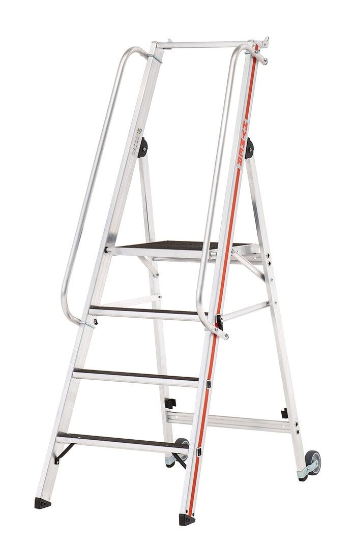 Plattformleiter mit langem Handlauf, zwei Kipprollen, Rutschhemmung R13, Ablage und Eimerhaken, Leiterlänge 1.950 mm, 4 Stufen, Traglast 150 kg, Hymer