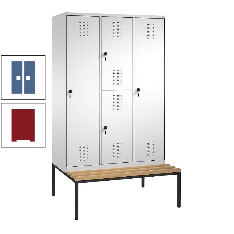 Garderobenschrank, Spind ein- und doppelstöckig Sitzbank, 3 Abteile, 4 Fächer, 2.090x1.200x500 mm (HxBxT), Front anthrazitgrau, Korpus anthrazitgrau