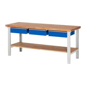 Werkbank mit Ablage - 3 Schubladen - 150:3 - höhenverstellbar 790 - 1.140 mm - 2.000 x 700 mm (BxT) - 750 kg - Buche - Farbe wählbar