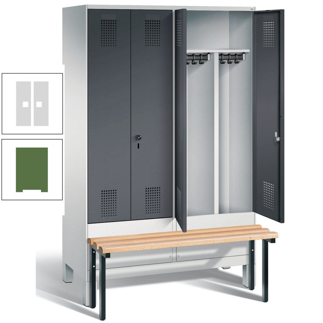 Doppel-Spind, Garderobenschrank, Buche Sitzbank vorgebaut, 4 Abteile a 300 mm, Korpus feuerrot, Tür Wasserblau, 1.850 x 1.200 x 815 mm (HxBxT)