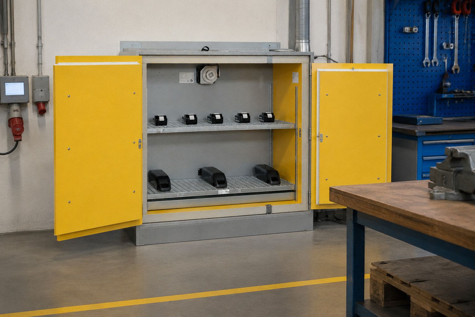 Lithium-Ionen Akku Ladeschrank Basic Charge EI 90 Kompakt mit Steckdosenleisten, Aerosol-Löschgenerator, Sicherheitsschrank, 1.222 x 1.148 x 591 mm