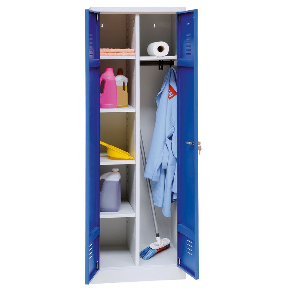 Mehrzweckschrank, Garderobenschrank, 2 Abteile, 6 Fächer, 1.800 x 600 x 500 mm (HxBxT), Kleiderstange, Stahl, Korpus: lichtgrau, Front: enzianblau