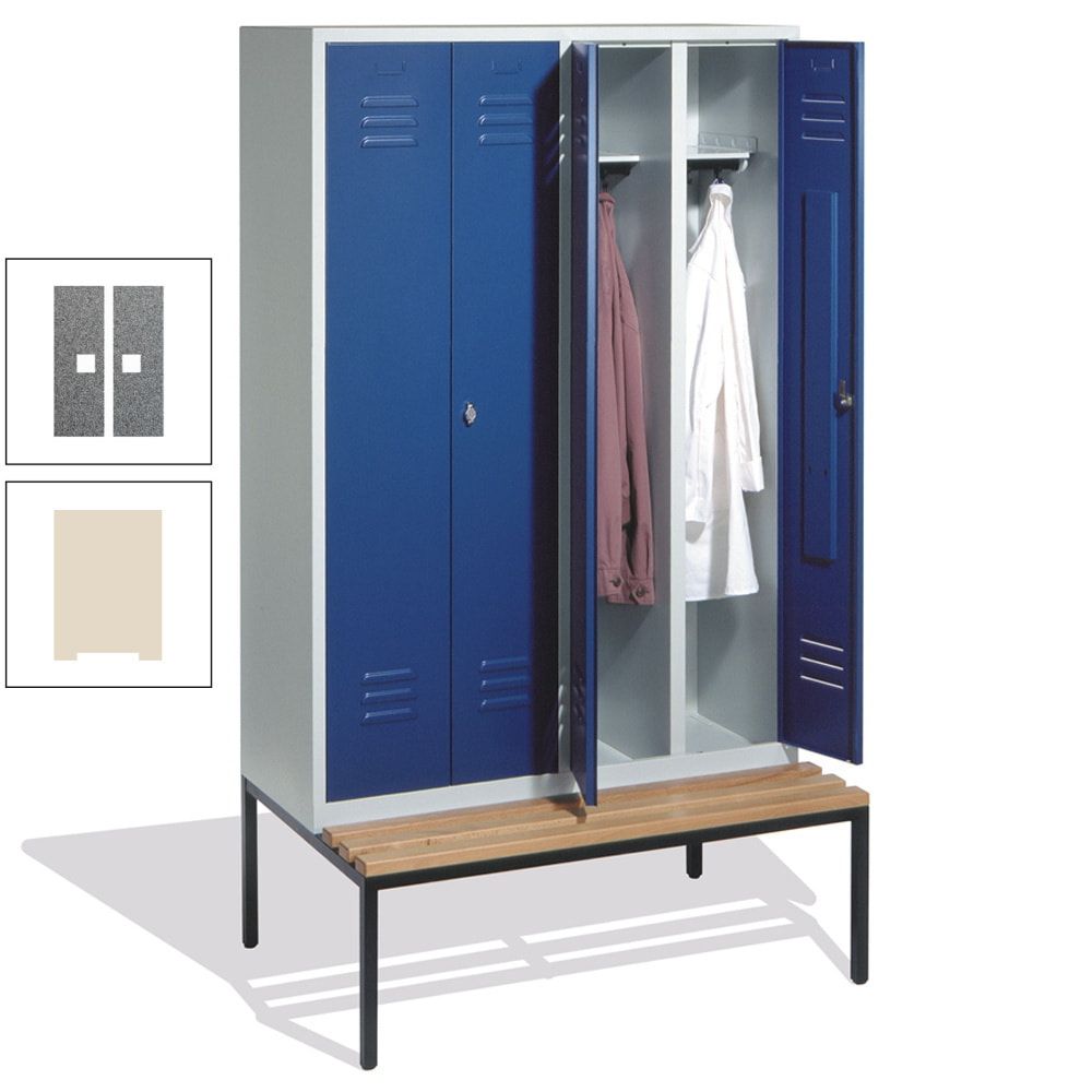 Doppel-Spindschrank, Buche Sitzbank untergebaut, 4 Abteile a 300 mm, Korpus lichtgrau, Tür anthrazitgrau, 2.090 x 1.190 x 815 mm (HxBxT)