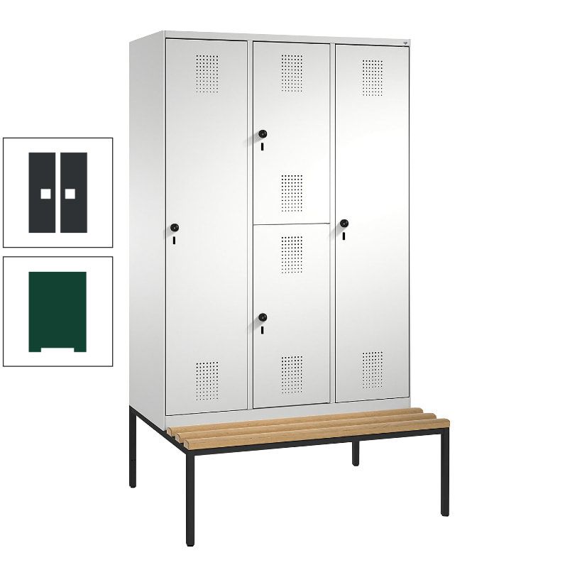 Garderobenschrank, Spind ein- und doppelstöckig Sitzbank, 3 Abteile, 4 Fächer, 2.090x1.200x500 mm (HxBxT), Front anthrazitgrau, Korpus anthrazitgrau