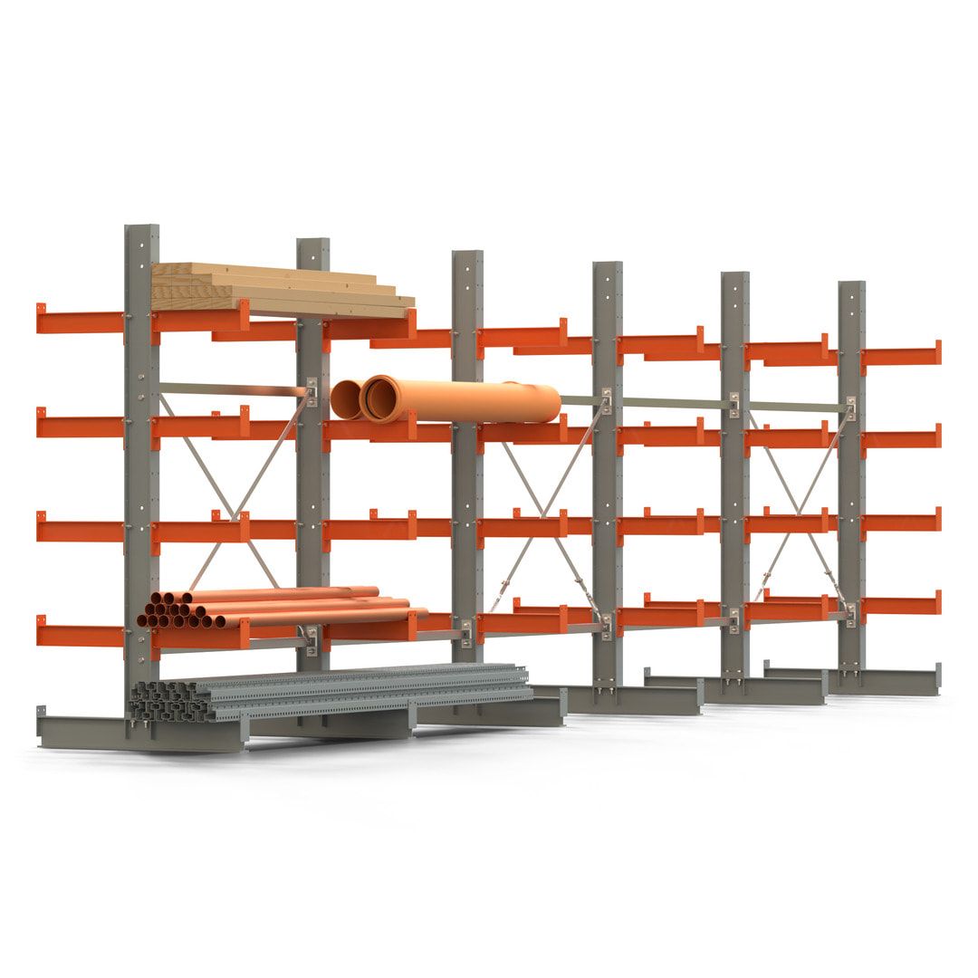 Doppelseitiges Kragarmregal, 2 Felder, 2.000 x 2.560 x 1.120 mm (HxBxT), Nutztiefe 500 mm, Kragarmlast 870 kg, KARL basic, silbergrau/reinorange