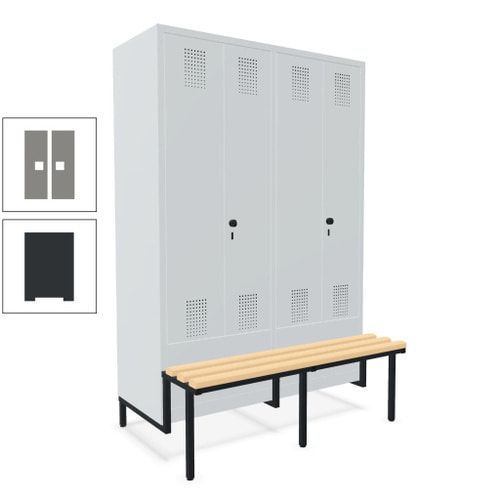 Doppel-Spind, Garderobenschrank, Buche Sitzbank integriert, 4 Abteile 300 mm, Korpus anthrazitgrau, Tür anthrazitgrau, 1.850 x 1.200 x 815 mm (HxBxT)