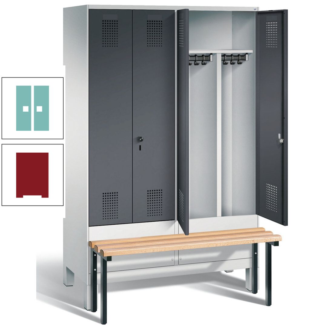 Doppel-Spind, Garderobenschrank, Buche Sitzbank vorgebaut, 4 Abteile a 300 mm, Korpus feuerrot, Tür Wasserblau, 1.850 x 1.200 x 815 mm (HxBxT)