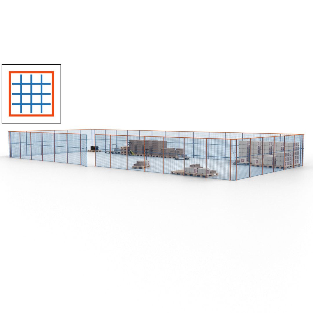 Maschinen Schutzgitter - Hallentrennwand - Sicherheitszaun - Tür - 60 m - 2.200 x 21.400 x 9.400 mm (HxBxT) - enzianblau